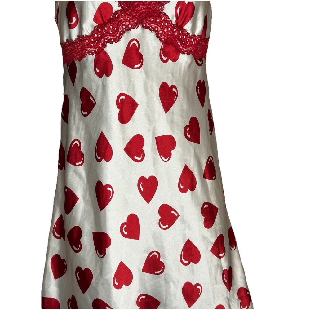 Vintage Jaclyn Smith Red Hearts Nightgown XS Lace Trim Satin Slip Dress Lingerie - Picture 4 of 15